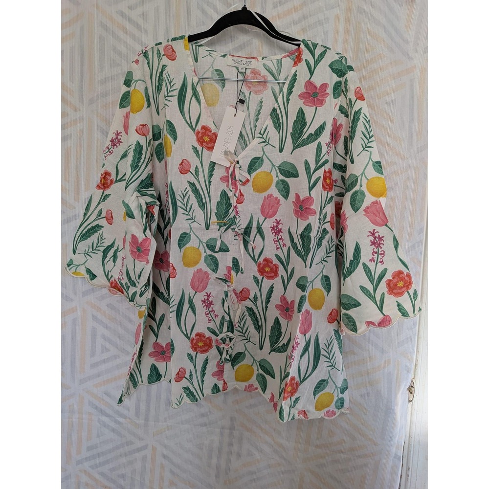 Rachel Zoe Womens 1X‎ Linen Blend Floral Lemon Lace Up Bell Sleeve Top NWT